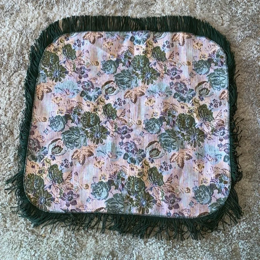 Vintage Square Floral Tapestry Table Doily Green Multi With Twisted Rope Fringe